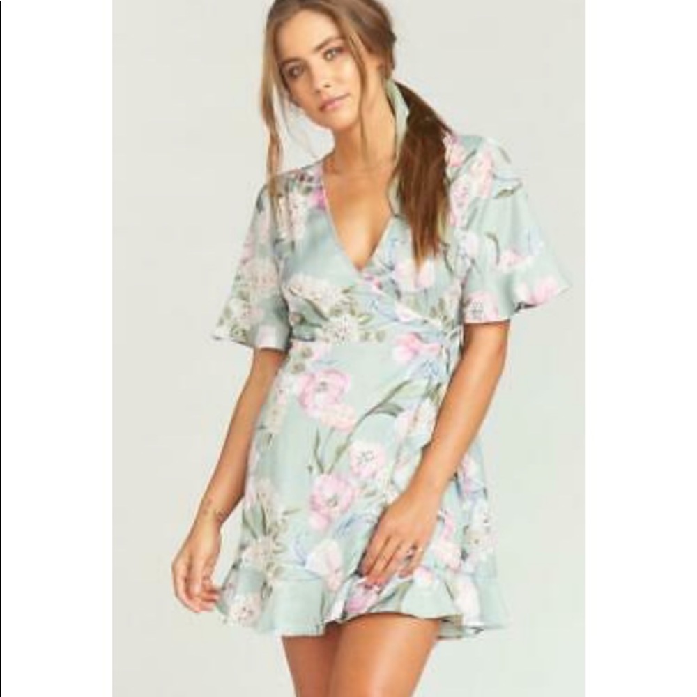 Show Me Your MuMu Floral Wrap Mini Dress - Green and Pink